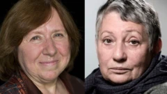 Belaruslu Nobel ödüllü yazar Svetlana Aleksiyeviç ve Rus yazar Lyudmila Ulitskaya (sağda)