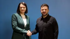 Тихановская и Зеленский пожимают друг другу руки.