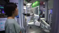 A throat swab nucleic acid sampling robot demonstrates its skills during the 2022 World Artificial Intelligence Conference