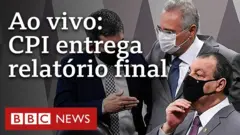 Renan Calheiros e Omar Aziz no Senado, e o texto: Ao vivo - CPI entrega relatório final