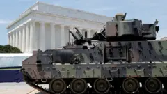 A Bradley Fighting Vehicle is moved into place at the Lincoln Memorial ahead of a July Fourth celebration highlighting U.S. military might in Washington, U.S., July 3, 2019