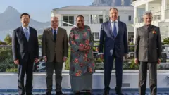 The foreign ministers of China, Brazil, South Africa, Russia and India at a Brics foreign minister meeting in Cape Town