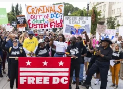 Manifestantes na rua com bandeira FREE DC