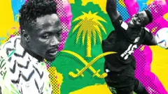 Un graphique coloré représentant Ahmed Musa et Edouard Mendy, avec un motif d'Arabie Saoudite au milieu.