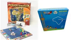 Les coffrets des jeux Afriqu'enjeux (à gauche) Orthografrique (à droite)