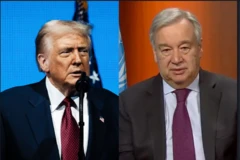 Ààrẹ Donald Trump wọ kóòtù dúdú, gbohùngbohùn wà níwájú rẹ̀. Akọ̀wé àgbà UN, António Guterres náà wọ kóòtù dúdú, ó ń wo ọ̀ọ́kán