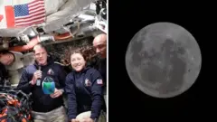 宇宙船オリオンのクルー4人の写真と、NASAが公開した月の写真が並んでいる