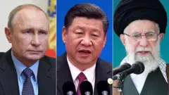 Коллаж - портрети Володимира Путіна, Сі Цзіньпіна та Алі Хаменеї