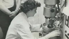 June Almeida Ontario Kanser Enstitüsü'nde elektron mikroskobuyla, 1963.