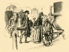 Uma mulher começa a levantar o vestido para entrar numa carruagem à sua frente. Atrás dela, um jovem carrega um casaco numa mão e um violino na outra. Várias mulheres e um homem observam a cena, enquanto outro homem carrega um grande baú e mais bagagem.