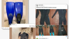 Capturas de pantalla de tres publicaciones en Facebook cuyos nombres de usuario y otros datos fueron difuminados por BBC News. La primera muestra unas aletas de buceo azules; la segunda, varias imágenes de un traje de neopreno negro; y la tercera, un traje de neopreno negro extendido sobre una cama individual.