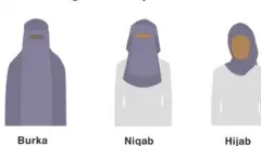 Graphic showing head coverings worn by Muslim women: Burka, Niqab, Hijab, Chador, Shayla, Al-Amira, Khimar