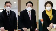 이재명(왼쪽부터) 더불어민주당 대선후보, 윤석열 국민의힘 대선후보, 심상정 정의당 대선후보가 제20대 대통령 선거 사전투표 첫날인 4일 오전 서울 중구 소공동 주민센터, 부산 남구청, 서울 종로구 혜화동 주민센터에 마련된 사전투표소를 각각 찾아 투표하고 있다