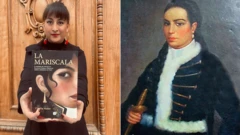 Claudia Nuñez con su libro "La Mariscala" y retrato de Francisca Zubiaga y Bernales