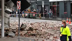 Damage to the exterior of a building on Chappel Street in Windsor following an earthquake, Melbourne, Australia, on 22 September 2021