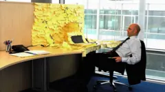 Homem com mesa repleta de post-it