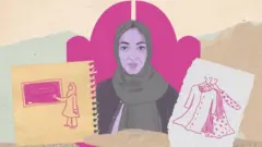 Collage of Aliya Kazimy, an image of her writing on a blackboard and her clothes on hangers.