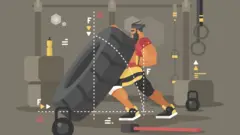 Ilustração mostra homem forte levantando pneu em meio a outros equipamentos de musculação