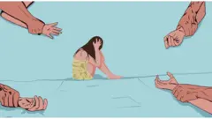 Təsvir: Qadın əllərini yerə sıxan kişi əlləri, başını tutub oturan qadın