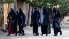 تصویر پنج زنی که حجاب‌های سیاه بر تن دارند. این زنان نقاب سیاه نیز پوشیده اند و در جاده‌ای در کنارهم قدم می‌زنند.