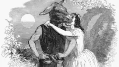 Гравюра - дівчина обіймає чоловіка з головою осла