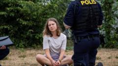 Greta Thunberg, la activista, sentada en el suelo frente a un policía.