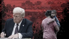 ထိုင်း - မြန်မာနယ်စပ် ဒုက္ခသည်အမျိုးသမီးနဲ့ သမ္မတထရမ့် လက်မှတ်ထိုးနေတဲ့သရုပ်ဖော်ပုံ