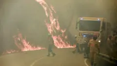 Firefighters dey work to quench one forest fire in Alvendre, near Guarda, Portugal, 18 July 2022