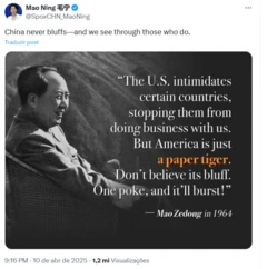 Captura de tela de postagem da porta-voz do Ministério das Relações Exteriores da China, Mao Ning, no X, com citação a Mao da época da guerra do Vietnã, chamando os Estados Unidos de 'um tigre de papel'