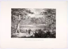 Die Lithographie zeigt drei Männer, die eine Landschaft mit Bäumen und einem Fluss überblicken