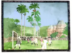 Foto colorizada eternizou um lance da partida entre Exeter e Brasil, no estádio das Laranjeiras, em 1914