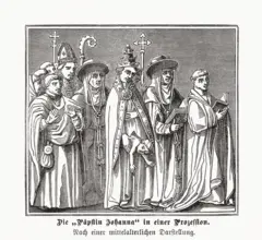 Gravura mostrando papa mulher dando à luz