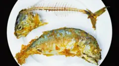 फोटो कॅप्शन - प्लेटमध्ये ठेवलेला फिश फ्राय आणि माशाचा काटा