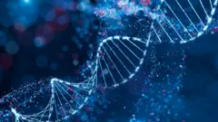 Ilustración de la estructura de hélice del ADN en azul y rojo.