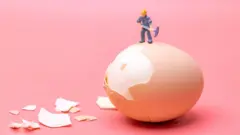 Ilustración de un muñeco de un obrero con una pica rompiendo el cascarón de un huevo cocido