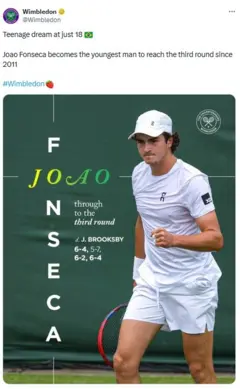 Conta oficial de Wimbledon no X anuncia feito de João Fonseca