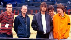 Oasis group for 1996 wey include Alan White, Paul 'Bonehead' Arthurs, Liam Gallagher, Paul McGuigan, Noel Gallagher