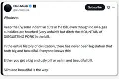 Postagem de Elon Musk no X em 5/6/2025