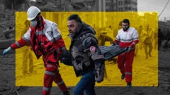 A graphic of four people carrying a stretcher with a yellow oblong in the background