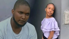 Foto of Justina Otuene Nkang wey pipo sabi as 'Tiffany’ for right side wearing purple dress and Damian Okoligwe for left wearing roundneck shirt