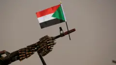 Un drapeau soudanais est monté sur une mitrailleuse enveloppée de cartouches de balles.