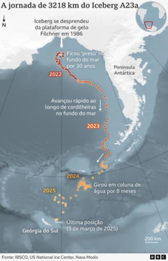 Um gráfico mostrando a trajetória do iceberg A23a