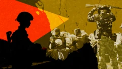 Image of soldier with red and yellow filter and map of Myanmar, soldiers in the background