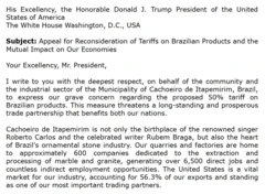 Trecho da carta enviada pela prefeitura de Cachoeiro a Trump