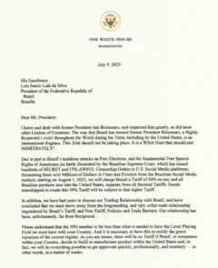 Imagem da primeira página da carta enviada por Donald Trump ao presidente Lula em que ele anuncia tarifas de 50% a qualquer produto brasileiro exportado para os Estados Unidos
