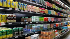 Prateleiras de supermercado repletas de latas de bebidas, com diferentes marcas, sabores, cores e embalagens, destacando a variedade disponível no mercado.