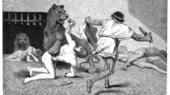 Roma İmparatorluğu döneminde aslanla savaşan köleleri gösteren bir illüstrasyon