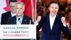 Лидеры двух канадских партий, претендующих на победу на парламентских выборах: Марк Карни (справа) и Пьер Пуальевр (слева)