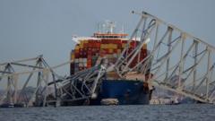 Container ship and remains of Key Bridge