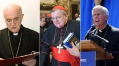 سه تصویر جداگانه از کارلو ماریا ویگانو، اسقف اعظم سابق، ریموند لئو بورک، کاردینال بازنشسته، و جوزف استریکلند، اسقف سابق